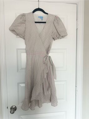 DRAPER JAMES RSVP Puff Sleeve Faux-Wrap Pink Green Stripe Dress